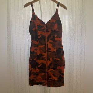 Vibrant Orange and Brown Camouflage Bodycon Mini Dress